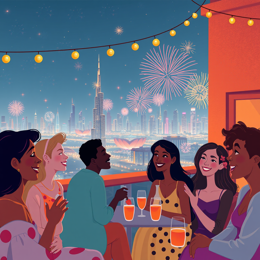 "Interactive map overlay of Dubai highlighting 7 prime fireworks viewing areas with crowd density indicators"