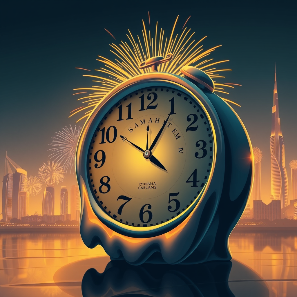 "Local family enjoying NYE fireworks from a less-crowded Dubai Hills Park vantage point with picnic setup"