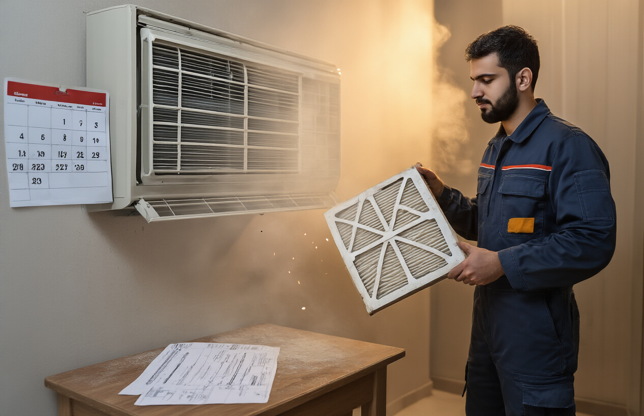 "Dubai HVAC Maintenance Mistakes Costing Money" "Frustrated Dubai homeowner checking high AC energy bill while technician inspects poorly maintained HVAC system"