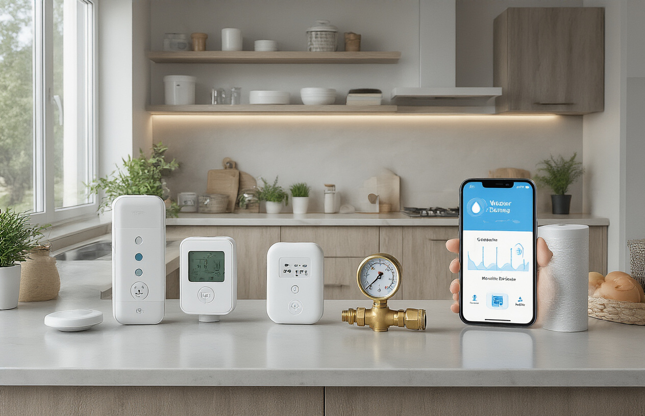 "Smart water leak detector with Wi-Fi connectivity placed near a Dubai washing machine, showing blue LED status light and mobile app alert notification"