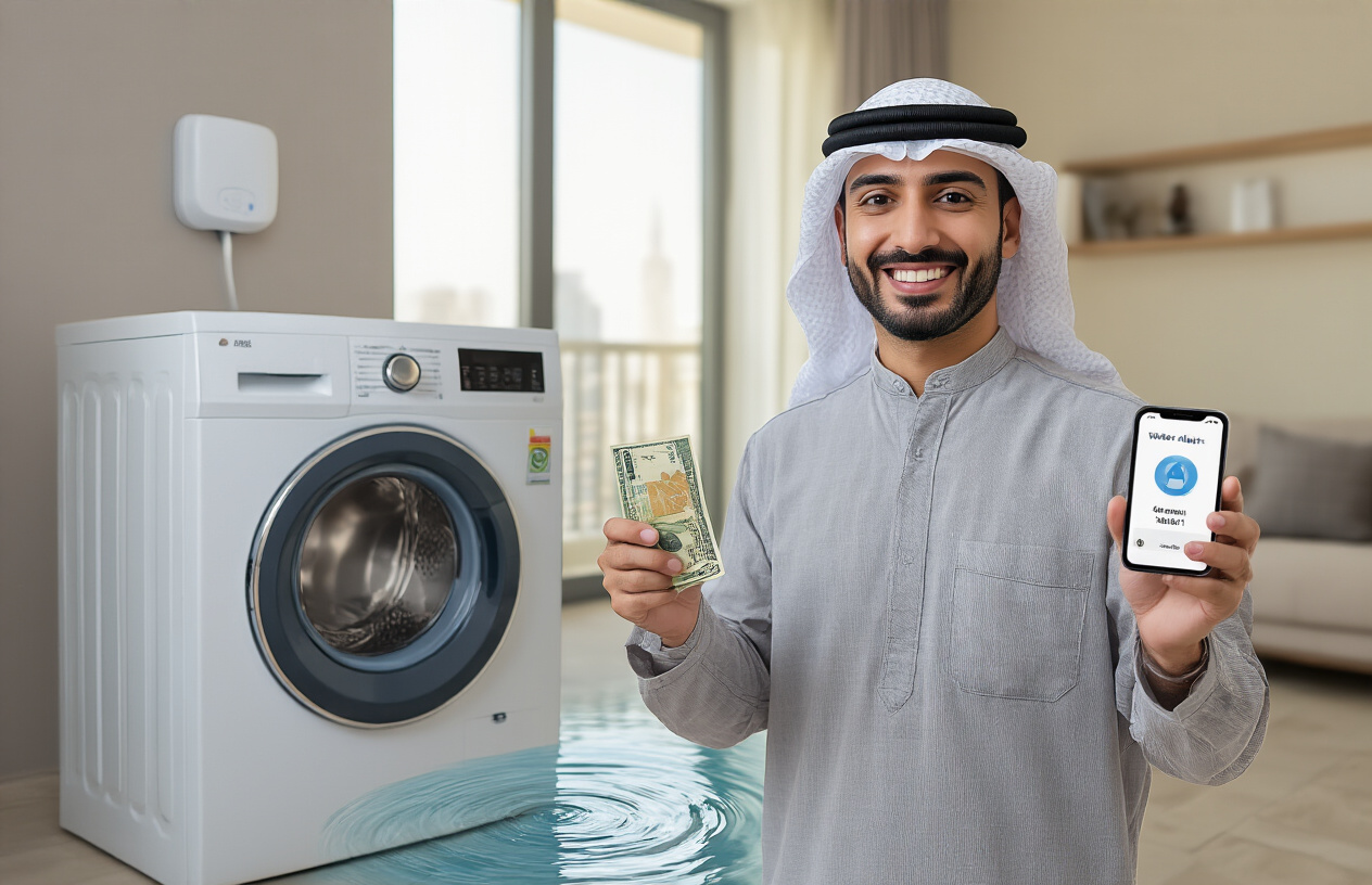 "Water leak detector installed behind refrigerator water line in Dubai apartment, with early warning system activated by small moisture accumulation"