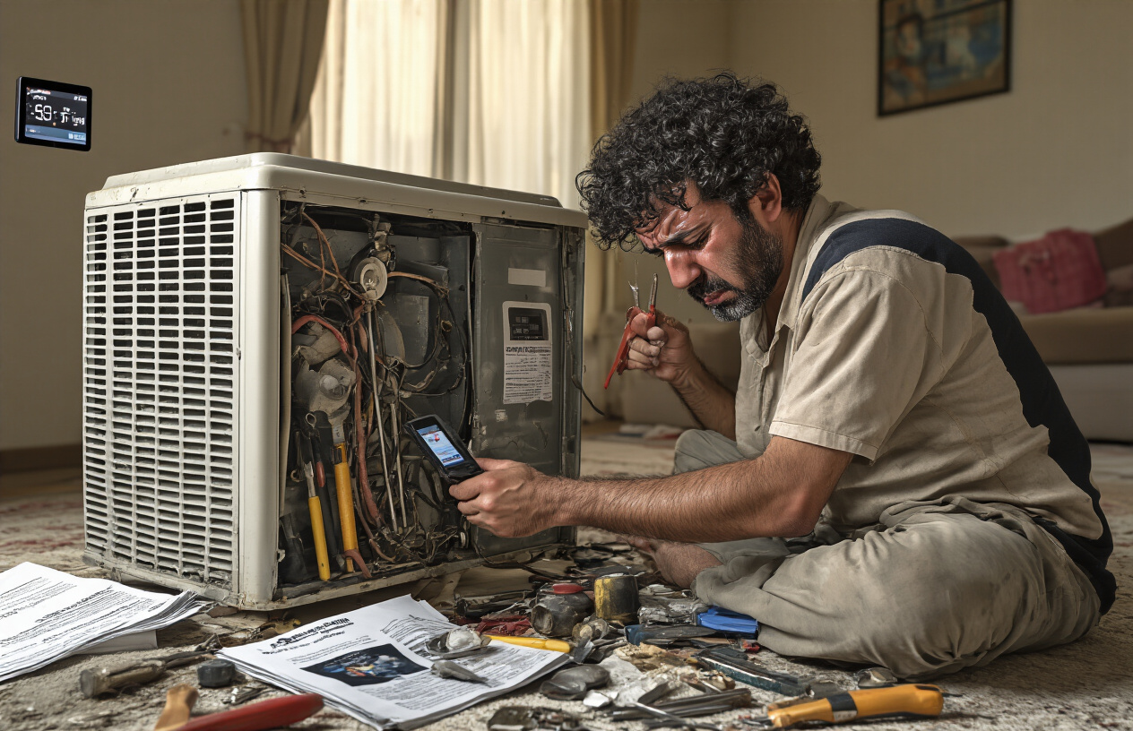 "Dubai AC Repair Warning Signs" "Technician diagnosing loud grinding noise from Dubai villa's outdoor AC compressor unit"