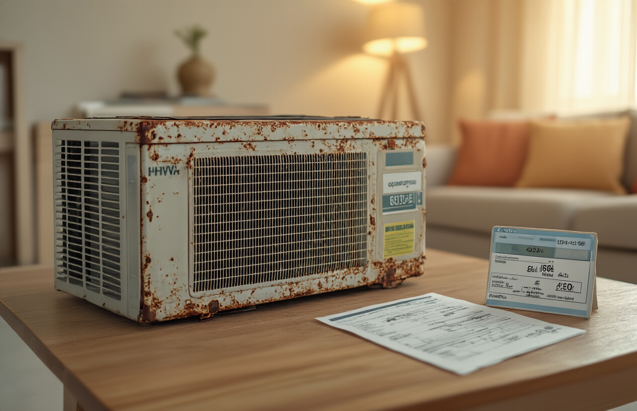 "Old AC Unit Cost Dubai" *"15-year-old Dubai AC unit next to modern inverter model with energy bill comparison overlay"*