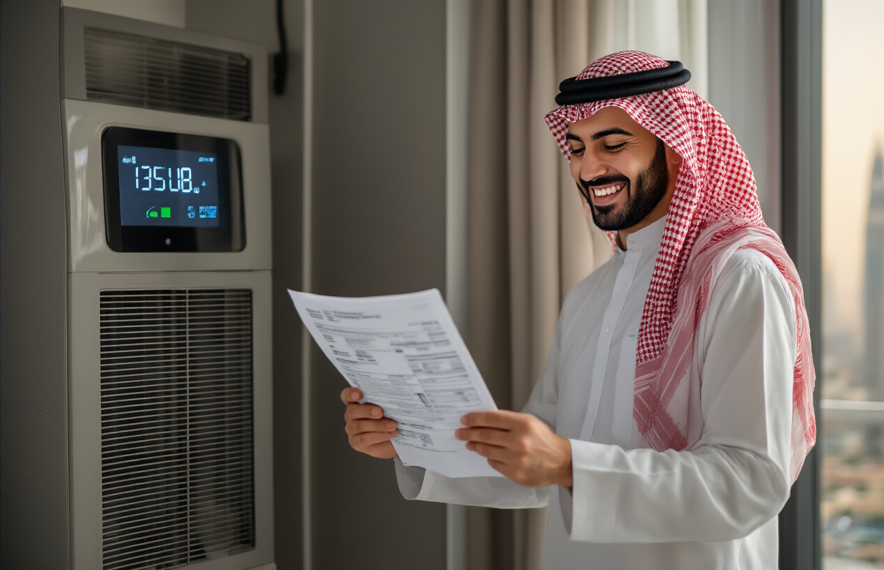 ac-savings-cta "Dar AlFan technician performing precision AC maintenance in Dubai home with happy customer reviewing energy savings"